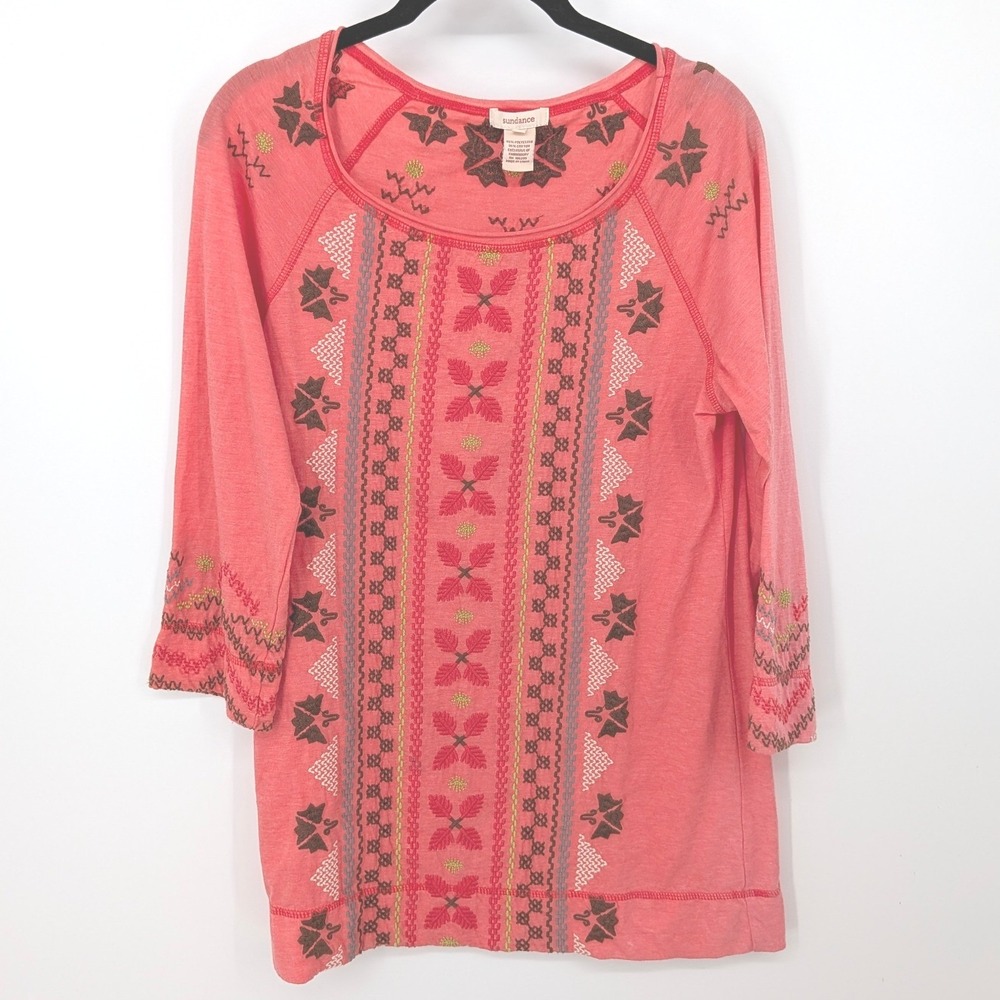 Sundance Tunic Top Women Medium Coral Pink Boho Embroidered 3/4 Sleeve Artsy